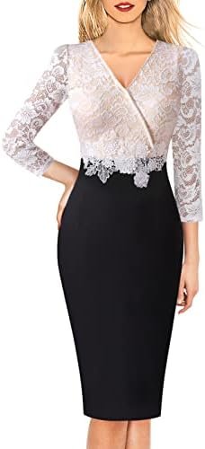 VFSHOW Womens Floral Lace Applique Waist V Neck 3/4 Sleeve Colorblock Cocktail Bodycon Dress