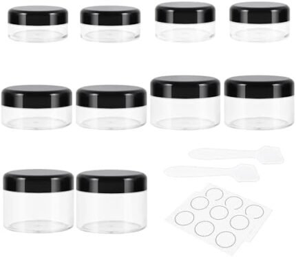 10 Pieces Small Travel Containers, 3/5/10/15/20 Gram Size Travel Containers for Creams, Sample Containers with Screw Lids, 12Pcs Labels/2Pcs Mini Spatulas, Plastic Makeup Containers (Black)