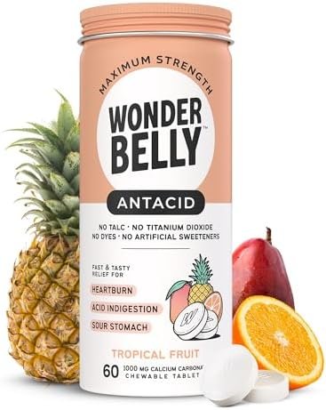 Wonderbelly Antacid, Effective Heartburn and Instant Acid Indigestion Relief, Extra Strength Chewable Tablets, 1000 mg Calcium Carbonate, No Talc or Dye, Tropical Fruit, 60 Count