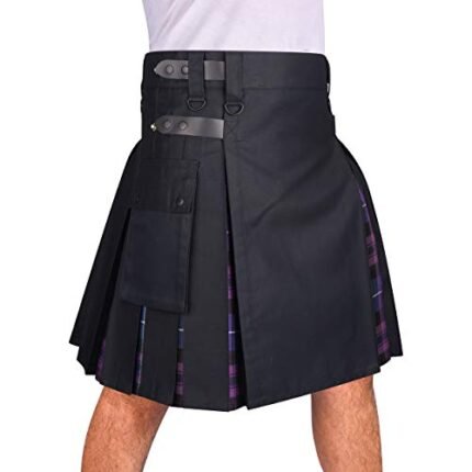 DSS KILTS- Men\’s Hybrid Black Cotton & Tartan Utility Kilts with Leather Straps-Plus Size Kilts for Men (Black Cotton & Pride of Scotland Tartan, 30 Inches Waist Size at Belly Button)