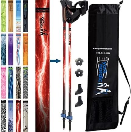 Nordic Walking Poles – True Classic Nordic Glove Grips, Lightweight, Adjustable, and Collapsible -2 Pieces w/flip Locks, Detachable Feet and Travel Bag by York Nordic – Heights 5’4″-6’2″