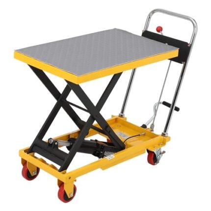 JustSmart Hydraulic Lift Table Cart with Release Rod 500 LBS Capacity 28.5″ Height, Elevating Hydraulic Cart with 4 Wheels and No-Slip Pad, Manual Single Scissor Lift Table – Yellow