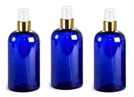 8 Oz Empty Blue Spray Bottles Plastic Fine Mist Dispensing w/Shiny Gold Pumps, for Hair Products, Body Mist, Cologne, Perfume Linen, Kitchen Bath Unbreakable Reusable & Refillable by Grand Parfums