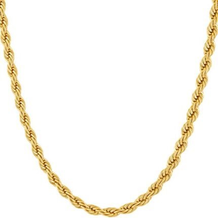 LIFETIME JEWELRY 24k Real Gold Plated 4mm Rope Chain Necklace Diamond Cut Gold Chain for Men Women Boys (22 inches, Gold Plated)