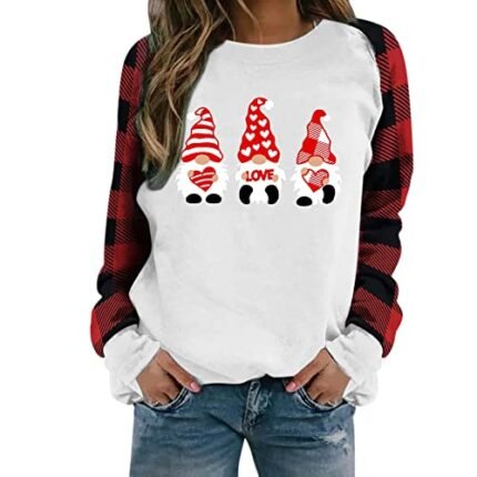 Valentines Day Womens Long Sleeve Casual Pull Over Crewneck Sweat Shirts Retro Raglan Sleeve Fashion Cap Sleeve Graphic Sport Plaid Women’s Tunic Gifts for Her Pullovers Top White