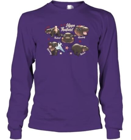 FAMIPRINTS Moo Deng Baby Hippo Thailand Viral Shirt Cute Baby Pygmy Moo Deng Gift T Shirt Trending Animal Lover Gift Long Sleeve T-Shirt (Purple;L)