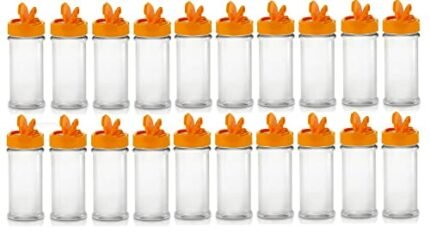 Nakpunar 20 pcs 8 oz Clear Plastic Spice Jars with Orange Shaker/Pour Dispenser Caps with Freshness Seal- Made in USA