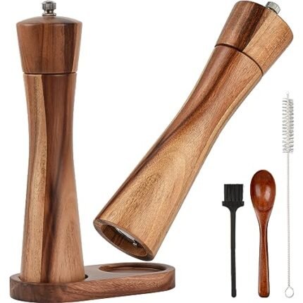 12.5 inch Wood Salt and Pepper Grinder Set, JOYCEMALL Set of 6 Manual Salt and Pepper Grinder with Ceramic Grinding Rotor – Pepper and Salt Mill, Wooden Standing Tray, 2 Cleaning brushes, Spoon