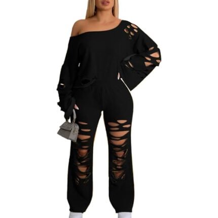 Red Gifts for Women Womens Ripped Y2k Lounge Sets 2 Piece Long Sleeve Pullover Tops Wide Leg Pants Matching Set Baggy Sexy Casual Outfits Womens Two Piece Lounge Set