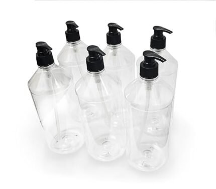 Saris and Things SNT Biotech 6 Pack 32 Ounce Plastic Pump Bottles, Empty Refillable Container Liquid Soap, Shampoo, Lotion, Cleaning Products Dispenser, Clear Round with Black Lockable Pump