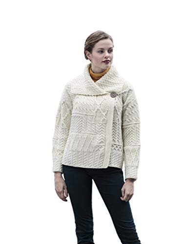 Patchwork Large One Button Collar White Irish Cardigan,Natural,Large