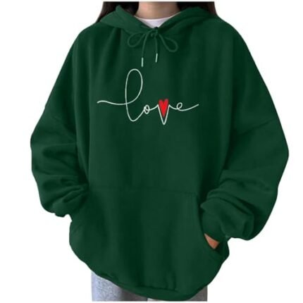 Valentine Long Sleeve Shirts For Women, Valentine’s Day Hoodies for Women Love Heart Grahic Sweatshirt Drawstring Sweater Gifts for Girlfriend Loose Tops Nice Hoodies Juniors Sweaters Green