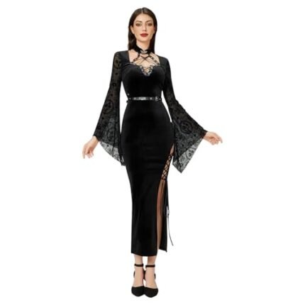 Top Trending Gifts for Women 2024 Womens Black Dresses Medieval Gothic Halloween Party Dresses Ladies Hollow Out Bodycon Midi Gowns Lace Flare Sleeve