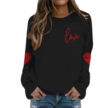 Sport Women’s Fleece Valentine’s Day Graphic Pullover Crewnecks Sweat Shirts Fitted Crew Neck Comfort Loose Trendy Valentines Day Crewneck Long Sleeve Casual Valentines Day Gifts Basic Black