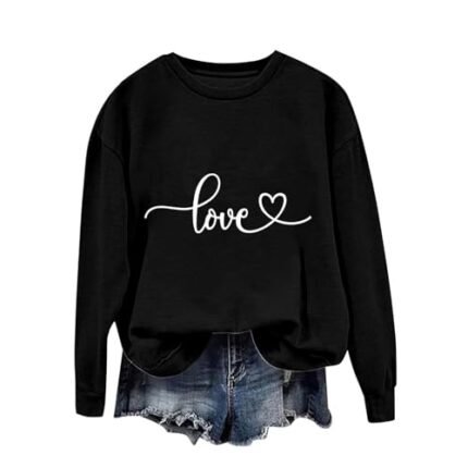 CofeeMO Womens Love Heart Graphic Sweatshirt Valentines Day Gift Pullover Casual Long Sleeve Blouse Top Spring Casual Tops Black