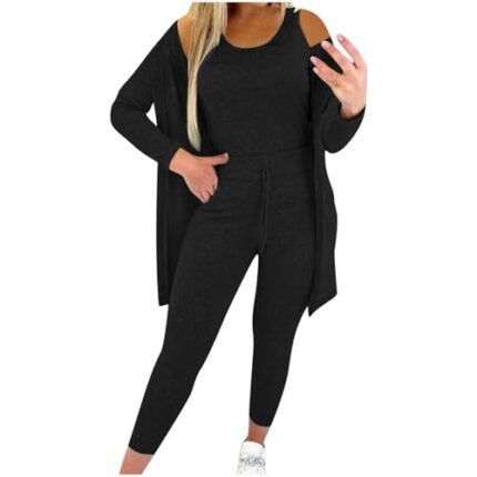 Women Lounge 3 Piece Sets Cozy Tank Tops Pants Cardigan Outfits Solid Trendy Tracksuit Soft Comfy Loungewear Trending Womens Clothing Deals Sales Today