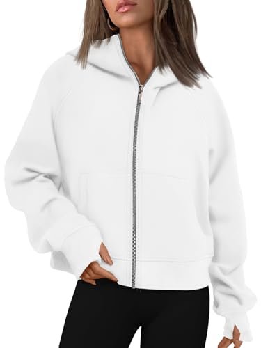 AUTOMET Womens Zip Up Hoodies Fleece Jackets Oversized Sweatshirts Fall Fashion Outfits 2025 Sweaters Winter Clothes White L