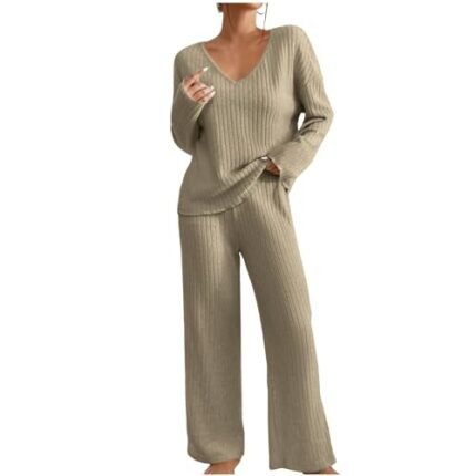 30 Dollar Gift Ideas Womens 2 Piece Outfits Lounge Sets Oversized V Neck Long Sleeve Wide Leg Pants Matching Set Casual Fashion Sweatsuits Cozy Sets for Women Clothing