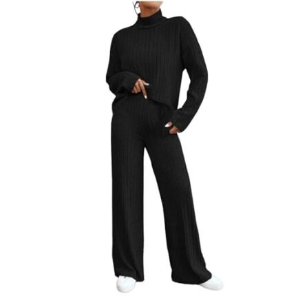 Gifts for Teens Womens 2 Piece Lounge Sets Ribbed Knit Long Sleeve Mock Neck Pullover Tops Wide Leg Pants Spring Fall Casual Outfits Woman 2 Piece Outfit Set