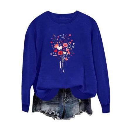 Heart Print Sweatshirt For Women Casual Loose Trendy Pullover Topws Long Sleeve Crew Neck Blouse Valentines Gift Blue