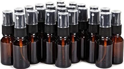 IMIROOTREE 15ml Travel Size Amber Glass Fine Mist Spray Bottles Cosmetic Containers with Black Sprayers for Essential Oils Cleaning Products (24Pcs)