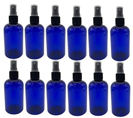 Natural Farms 4 oz Blue Boston BPA FREE Bottles – 12 Pack Empty Refillable Containers – Essential Oils Cleaning Products – Aromatherapy | Black Fine Mist Sprayers – Made in the USA