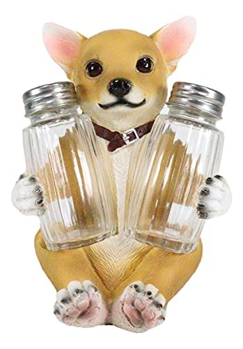 Ebros Picante Teacup Tan Chihuahua Puppy With Collar Salt And Pepper Shakers Holder Figurine Set 6.25″H Chi Chi Taco Dog Animal Pet Pal Kitchen Dining Bar Accent Sculpture