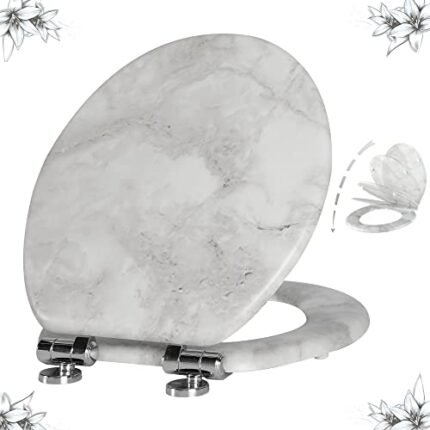 Angel Shield Marble Toilet Seat Durable Molded Wood with Quiet Close,Easy Clean，Quick-Release Hinges (Round,Gray Marble)