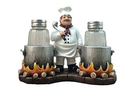 DWK – Spice Du Jour – French Country Chef with Flaming Pots Decorative Figurine Salt And Pepper Shaker Set Gourmet Cottage Kitchen Collectible Home and Dining Décor Accent, 6.5-inch