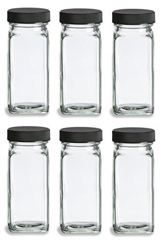 Nakpunar French Square Glass Spice Jars with Shaker Fitmens and Caps (6, 4 oz Black)