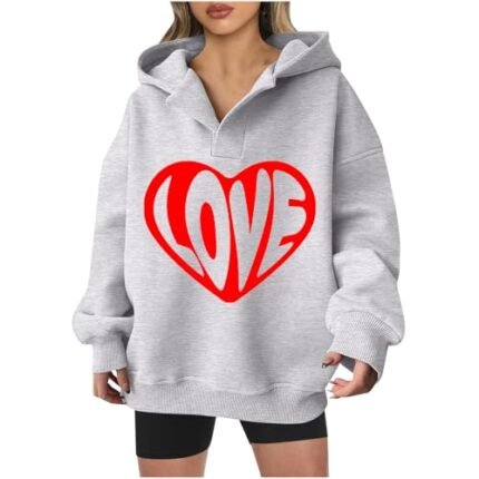 Valentines Hoodies for Women Love Sweatshirts for Women Women Valentines Outfit Valentines Sweatshirts for Women Cute Heart Print Hoodies Oversized Long Sleeve Tops Valentines Day Gift Clothes Gray,XL