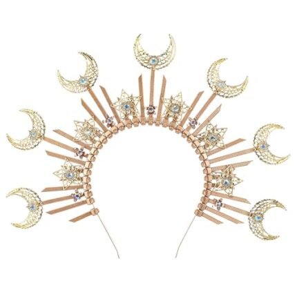 COSUCOS Moon Spiked Halo Crown – Zip Tie Gold Sunburst Goddess Star Headband Handmade Renfaire Fantasy Virgin Mary Headpiece Wedding Renaissance Costume Halloween Cosplay Accessories