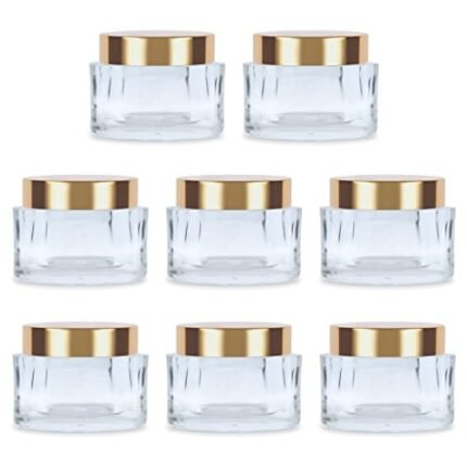 MYOC Empty Transparent Oval Acrylic Jars with Golden Cap for Lip Balm, Creams, Pigments, Eye Shadow, Leakproof Reusable Cosmetic Container for Makeup & DIY Beauty Products-15gm(Pack of 8)