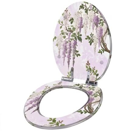 Resin Elongated Toilet Seat with Cover Quiet Close Quick Release Hinges Wisteria Lilac Pretty Bright Floral Botanical Chinoiserie Oriental Decorative Toilet Seat Easy to Clean Install Home Decor