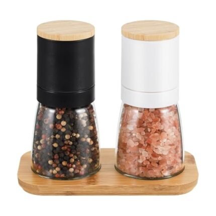 VUCCHINI Salt and Black Pepper Grinder Set – Bamboo Lid and Wood Stand Refillable Sea Salt Grinder Shaker Mills (black and white)