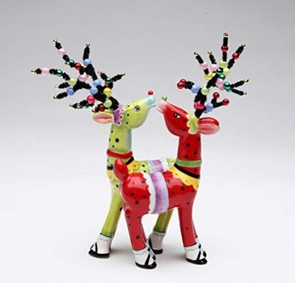 Fine Ceramic Red and Green Reindeer with Beaded Antlers Design Salt & Pepper Shakers Set, 6-1/8″ H