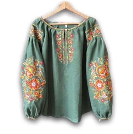 Green Linen Embroidered Blouse Ukrainian Vyshyvanka Sorochka Mexican Embroidered Blouse Trending Style Summer Bohemian Chic Top (14 (XL))