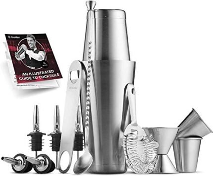 Expert Cocktail Shaker Home Bar Set – 14 Piece Stainless Steel Bar Tools Kit with Shaking Tins, Flat Bottle Opener, Double Bar Jigger, Hawthorne Strainer, Shot Glasses, Bar Spoon, and 6 Pour Spouts.