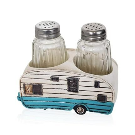 Pine Ridge Camper Salt and Pepper Shaker Set – Two Glass Shakers, Camper Holder Caddy For Spices And Seasonings, For Kitchen, Camping, Dining Or Table Decor