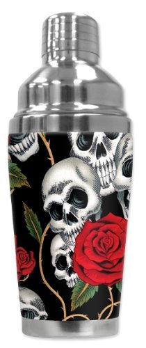 Mugzie “Skull & Roses” Cocktail Shaker with Insulated Wetsuit Cover, 16 oz, Black