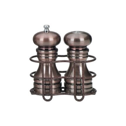 Chef Specialties 5 Inch Burnished Copper Pepper Mill and Salt Shaker with Rack