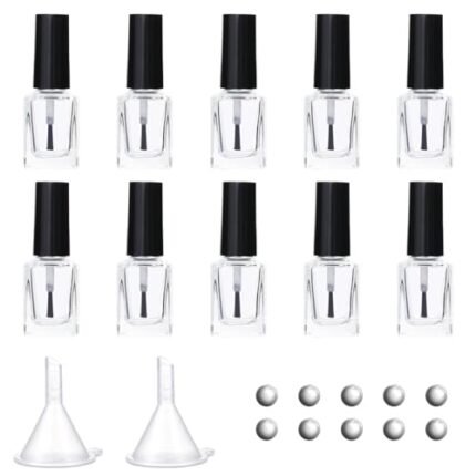 GLOBLELAND 10Pcs 15ml Glass Nail Polish Rectangle Bottles Empty Refillable DIY Glass Nail Polish Bottles with 10Pcs Mixing Agitator Beads and 2Pcs Plastic Funnel Hopper