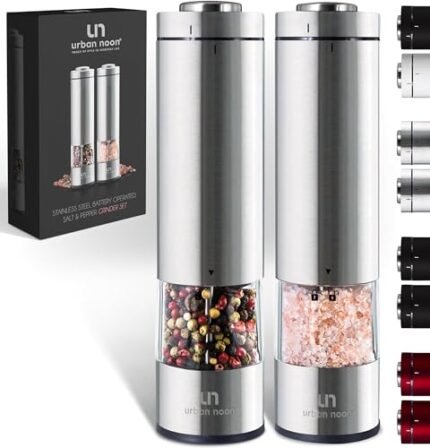 Electric Salt and Pepper Grinder Set – Battery Operated Stainless Steel Mill with Light (2 Mills) – Automatic One Handed Operation – Electronic Adjustable Shakers – Ceramic Grinders