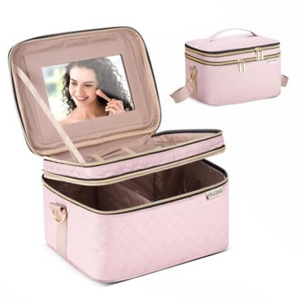 HXLGMD Double Layer Travel Makeup Bag Women, Cosmetic Organizer Case, Travel Essentials Accessories with Shoulder Strap for Bottles, Brushes, Conditioner, Skin Care Products, Pink