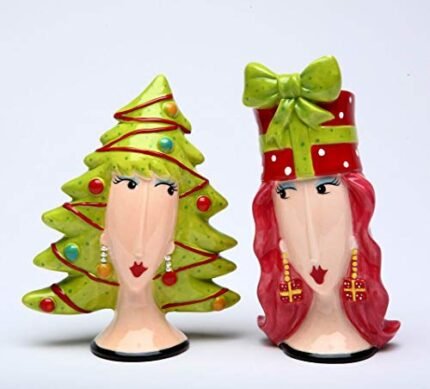 Fine Ceramic Dollymama’s Christmas Lady Christmas Tree & Lady Wears Gift Ribbon Hat Salt and Pepper Shakers, 4-1/4″ H