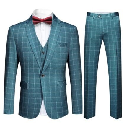 Cloudstyle Men’s Suit Plaid Modern Fit 3-Piece Suit Center Vent Blazer Jacket Tux Vest & Trousers,Blue,Small