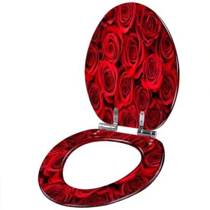 Resin Elongated Toilet Seat with Cover Quiet Close Quick Release Hinges Red Rose Background Decorative Toilet Seat Easy to Clean Install Home Decor