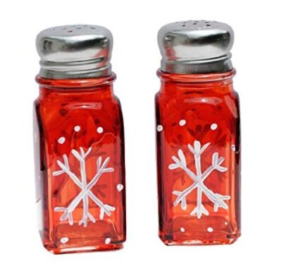 Red White Snowflake Hand Painted Salt and Pepper Shakers Set