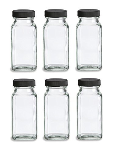 Nakpunar 6 pcs 6 oz French Square Glass Spice Jars with Shakers – Black lids and shaker insert