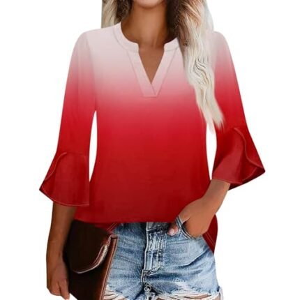 Womens 3/4 Bell Sleeve Tops Green Blouses for Women Loungewear Trending Ruffle Sleeve for Womens Plus Size Spring Gradient Polyester Red S